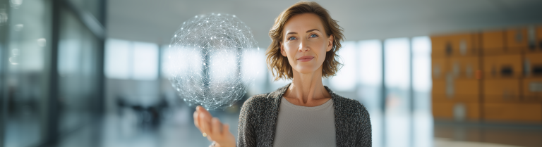 Lehrperson die mit einem KI-Hologram jongliert