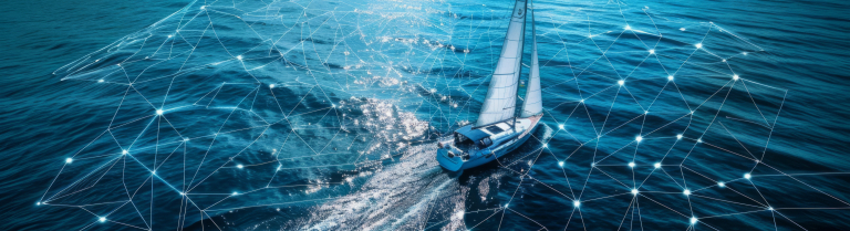 Segelschiff auf offenem Wasser unterwegs, digitale Hologrammstrukturen