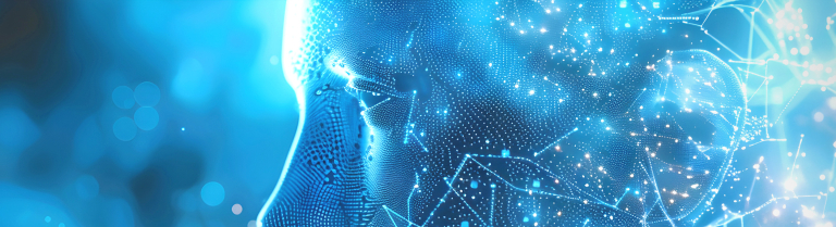 Menschliches Gesicht mit KI Hologrammen