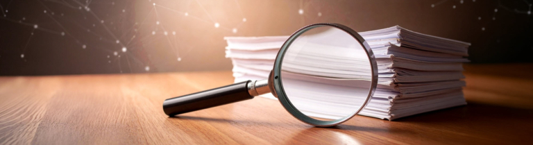 Lupe und Dokumentenstapel als Symbol für KI-Expertise und Forschung des IDIB