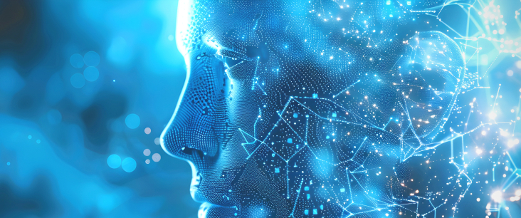 Menschliches Gesicht mit KI Hologrammen