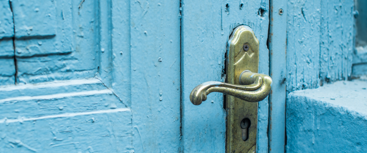 ein Türgriff an einer türkisfarbenen Tür