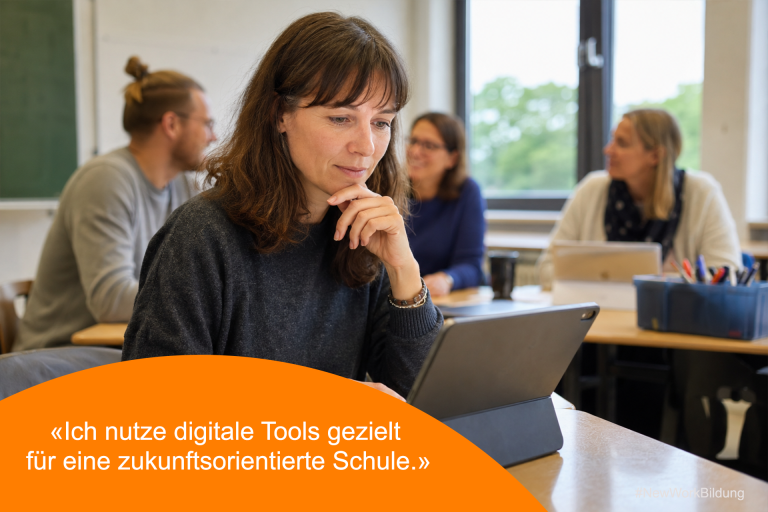 Lehrperson arbeitet konzentriert mit einem Tablet im Klassenzimmer als Symbol für digitale Transformation und Tools