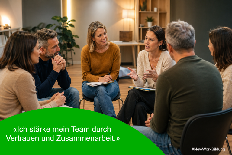 Gruppe Erwachsener im Stuhlkreis mit Zitat «Ich stärke mein Team durch Vertrauen und Zusammenarbeit.»