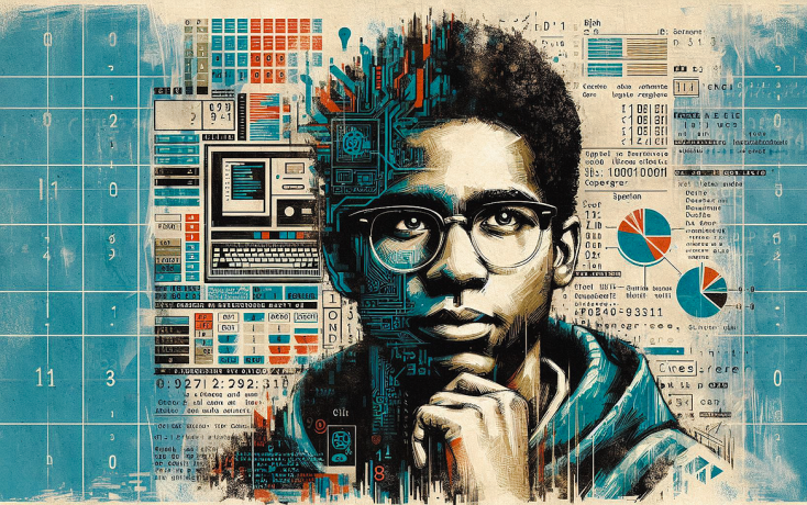 denkender Jugendlicher vor Daten und Grafiken