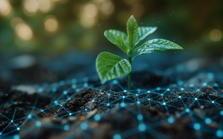 Junge Pflanze im Erdreich mit digitalen Artefakten