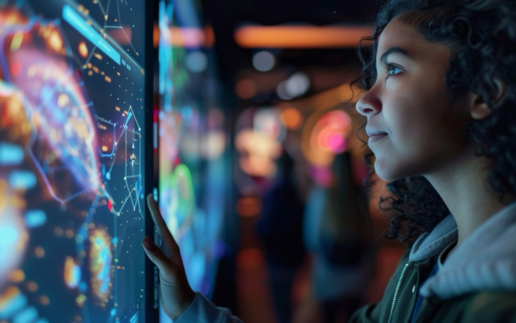 Mädchen das auf digitales Hologramm-Board schaut