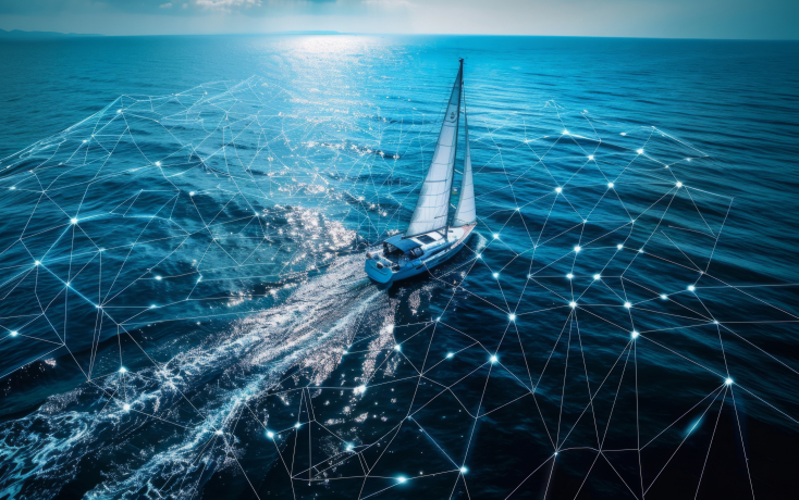 Segelschiff auf offenem Wasser unterwegs, digitale Hologrammstrukturen