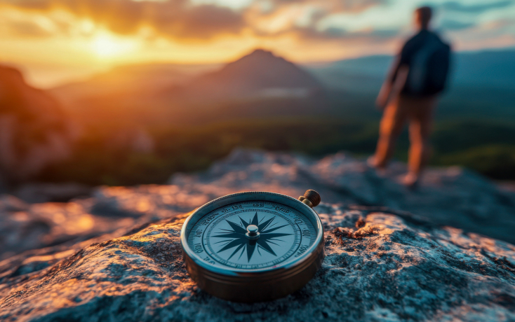 Kompass auf Bergkette mit Horizont