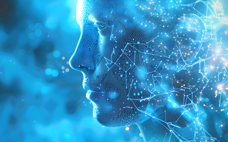 Menschliches Gesicht mit KI Hologrammen