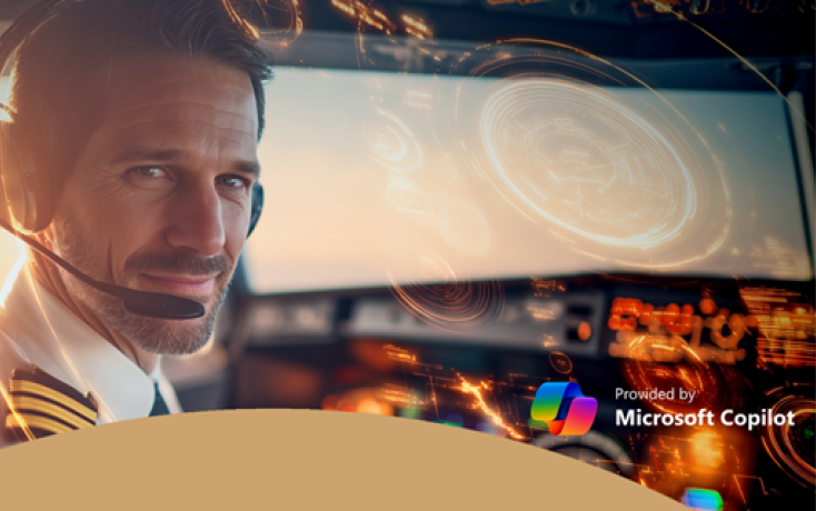 Teaser-Bild MS365 Copilot für Führungspersonen mit Pilot im Cockpit als Symbol für digitale Steuerung und Führungskompetenz