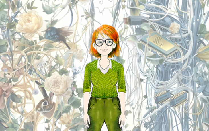 Illustration des Buchcovers MENSCHINE mit gezeichnetem Mädchen zwischen Natur und Computertechnik