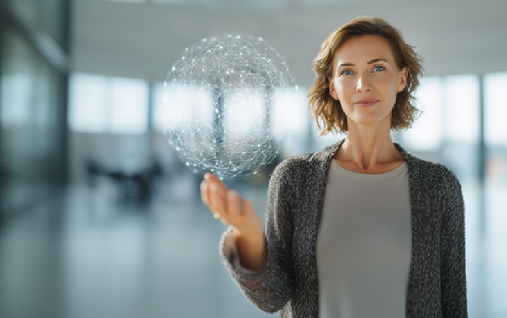 Lehrperson hält digitale Vernetzungskugel als Symbol für den KI-Pionier-Workshop des IDIB