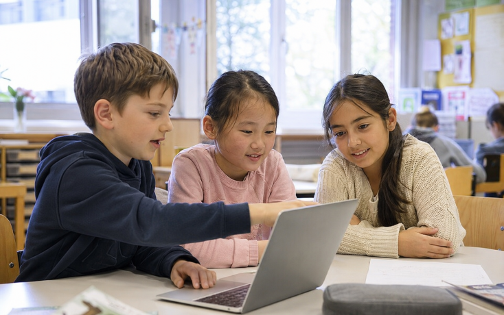 Drei Primarschulkinder arbeiten gemeinsam an einem Laptop im Klassenzimmer