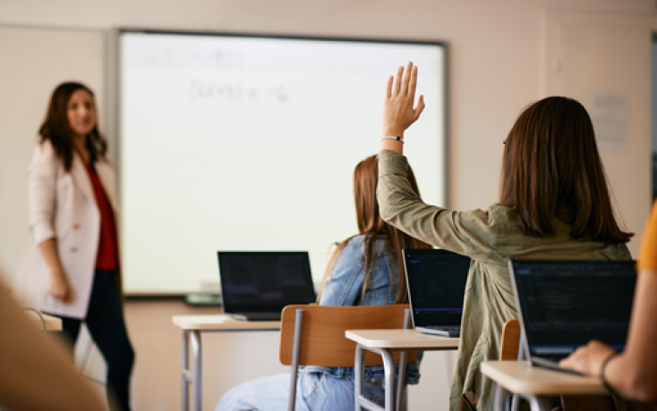 Schülerin meldet sich im Unterricht, Lehrperson steht vor der Klasse am Whiteboard
