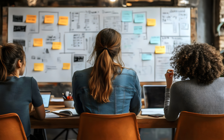 Drei Studierende arbeiten gemeinsam an einem Whiteboard mit Post-its und Skizzen