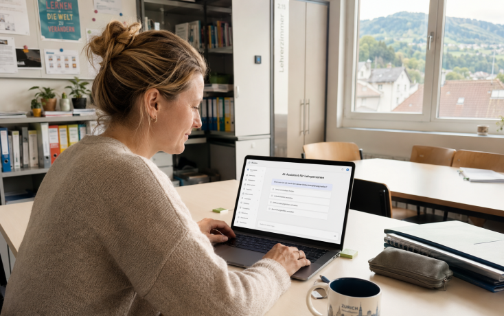 Lehrperson arbeitet im Lehrerzimmer mit einem KI-Assistenten auf dem Laptop zur Unterrichtsplanung