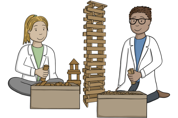 Ein Mädchen und ein Junge bauen einen Turm aus Kapla