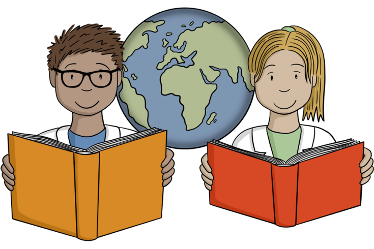 Ein Mädchen und ein Junge sitzen vor einer Weltkugel mit je einem Buch in der Hand
