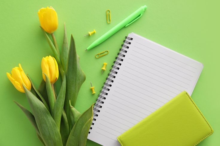 Gelbe Tulpen, Stift und Notizbuch auf hellgrünem Untergrund