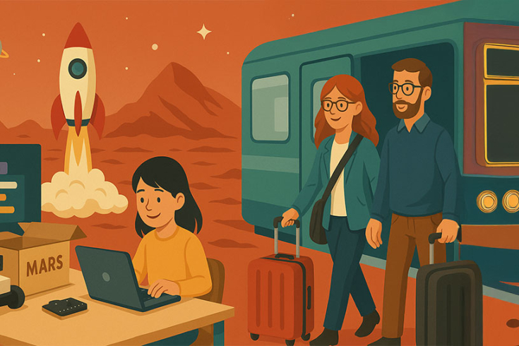 Mädchen mit Laptop am Pult auf dem Mars im Hintergrund steigende Rakete