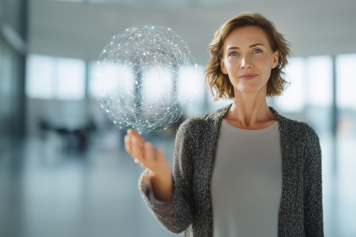 Lehrperson jongliert mit KI-Hologram auf der Hand
