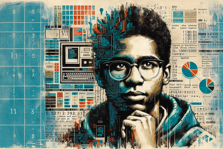 denkender Jugendlicher vor Daten und Grafiken