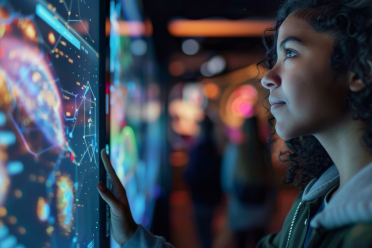 Mädchen das auf digitales Hologramm-Board schaut