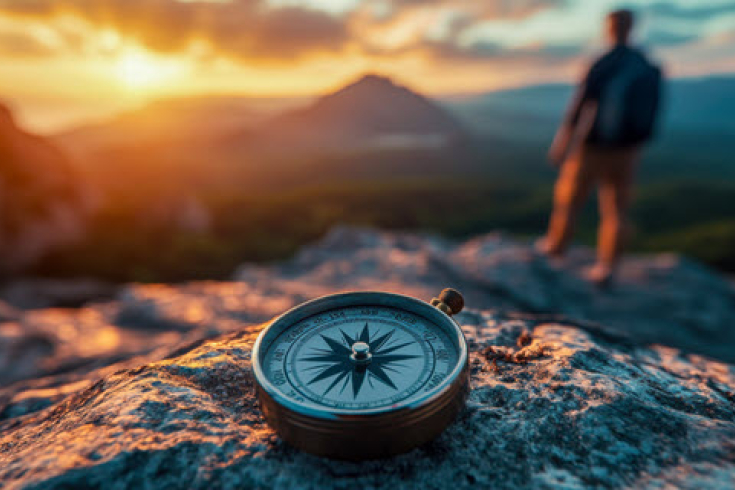 Kompass auf einem Felsen mit Person im Sonnenuntergang als Symbol für Orientierung und Pioniergeist im KI-Bereich