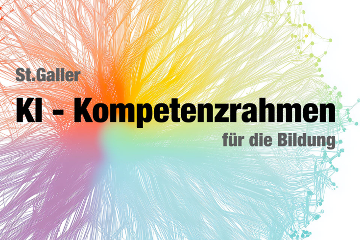 Titelgrafik des St.Galler KI-Kompetenzrahmens für die Bildung mit farbigem Netzwerk-Hintergrund