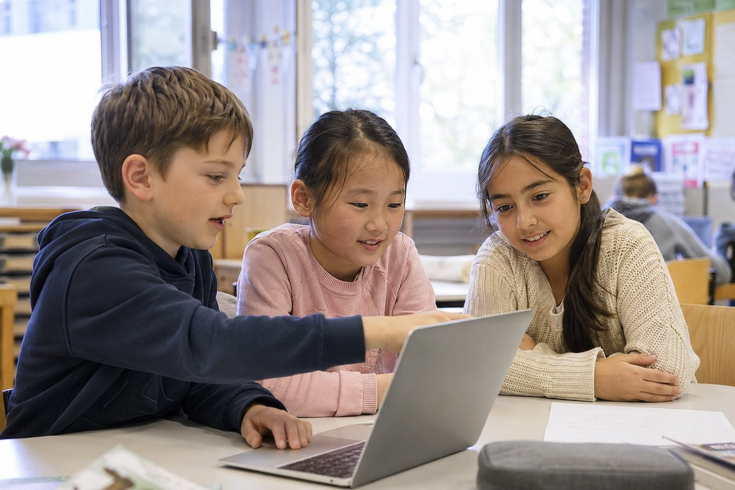 Drei Primarschulkinder arbeiten gemeinsam an einem Laptop im Klassenzimmer