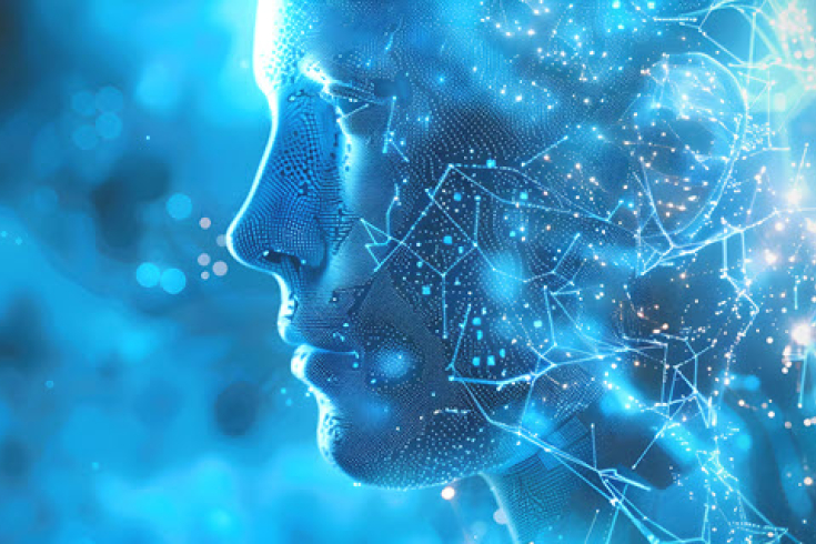 Digitales Gesicht aus Netzwerkpunkten als Symbol für Künstliche Intelligenz